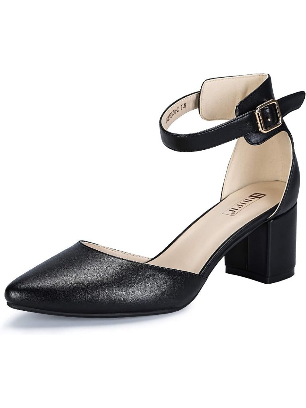 Women's Black Pu Low Block Heels Pumps Chunky Closed Toe Ankle Strap Shoes